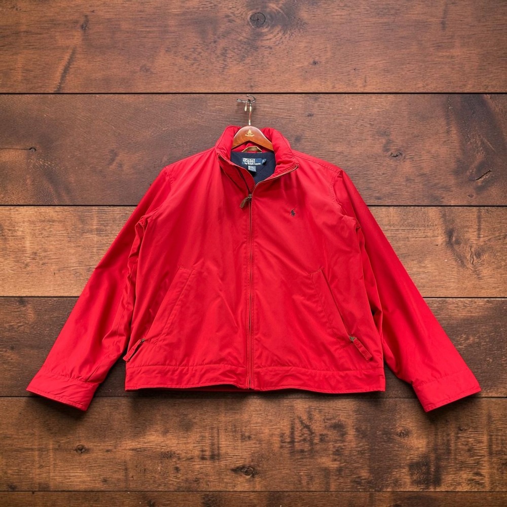 Polo Ralph Lauren Mens L Red Zip Jacket Quilted Flannel Lined Navy Pony Logo